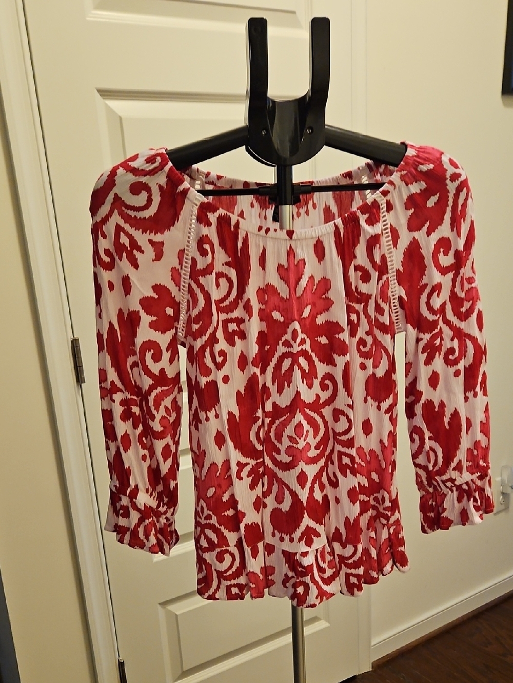 Pink  and White Printed Peasant Blouse - Women Tops